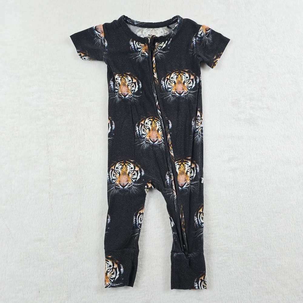 Bums & Roses Tiger Face Bamboo Short Sleeve Zippy Romper 6-9 Months Black
